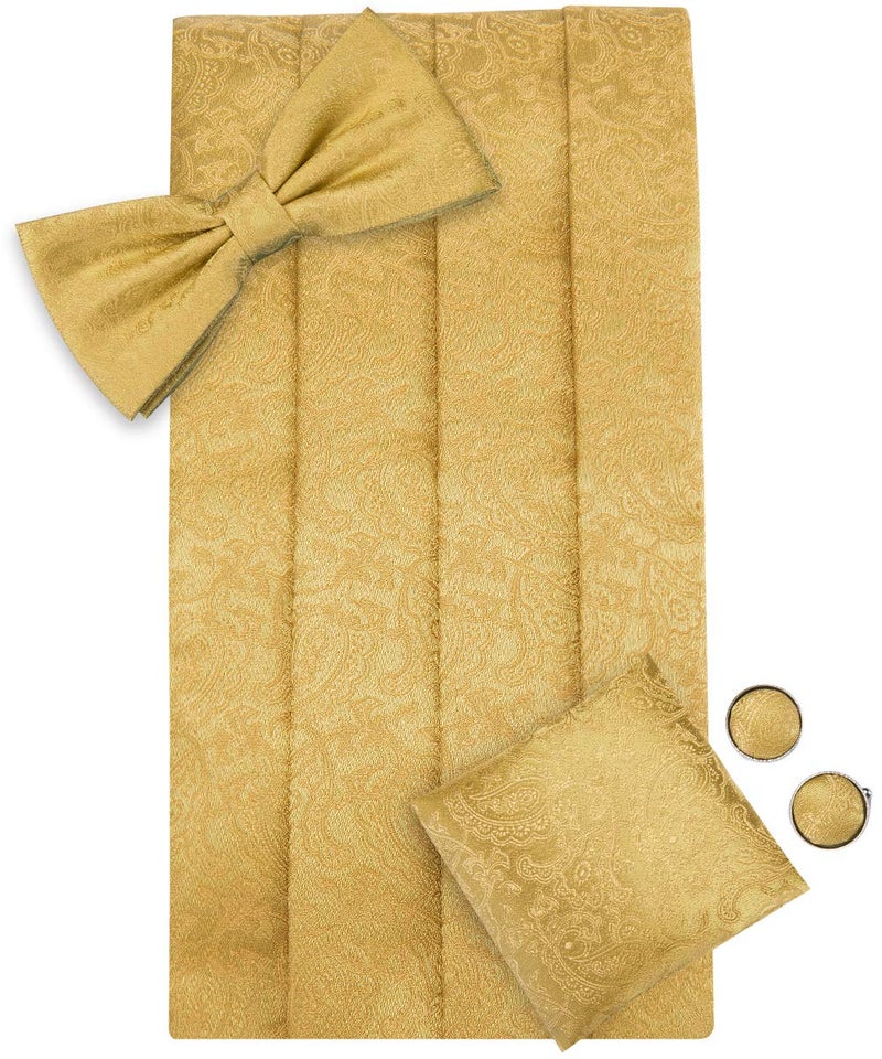 Dubulle Mens Paisley Floral Cummerbund and Bowtie Silk Pretied Bow Ties for Men Handkercheif Cufflinsk Set,A gold - Image 3